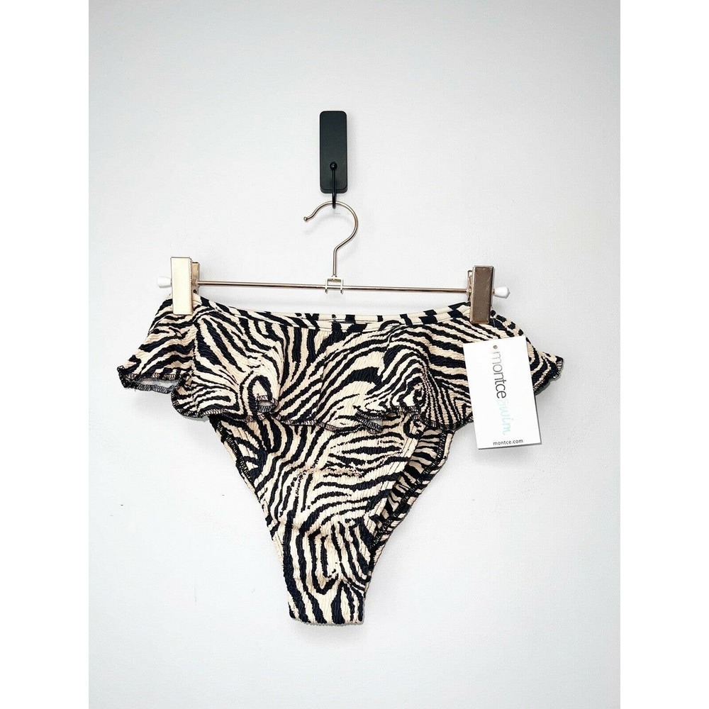 Montce Swim Zebra Micro Scrunch Tamarindo Ruffle Bikini Bottom Women Size Large